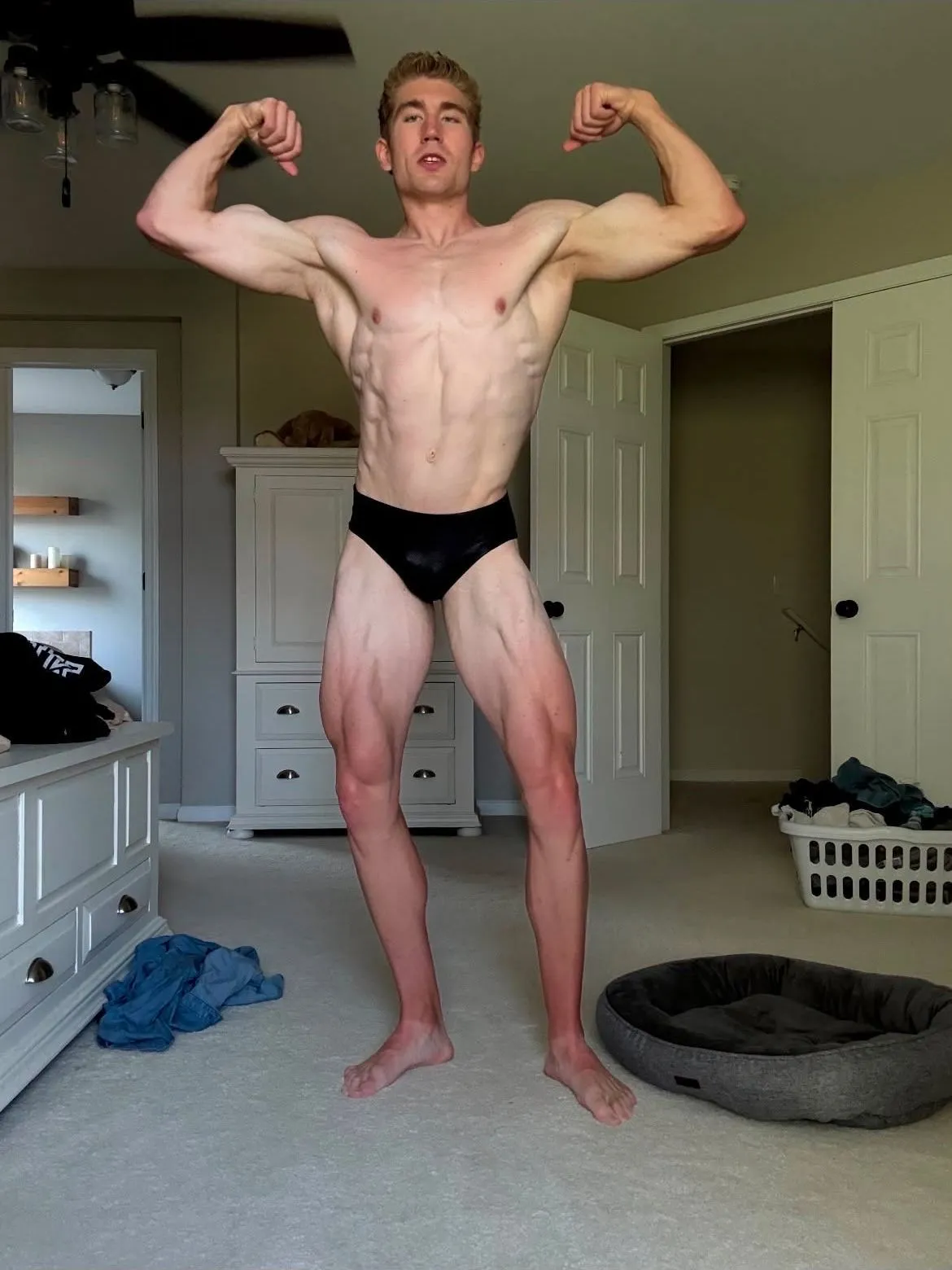 Front double biceps progress photo mid-prep